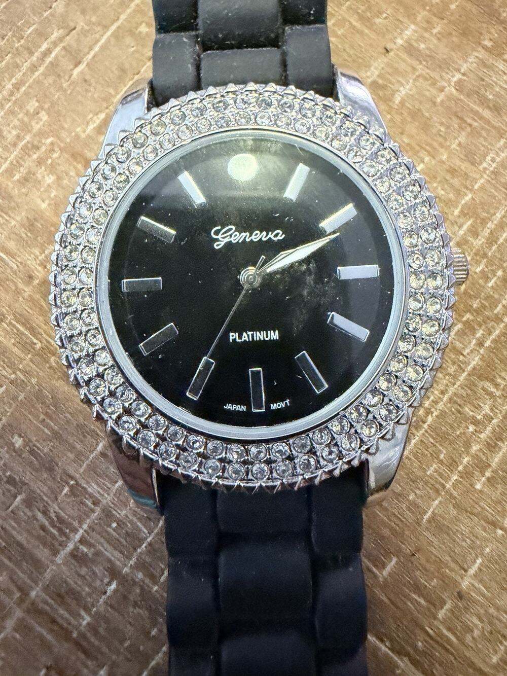 Geneva Platinum Ladies Watch Japanese Movement Silver Face Frame Black Band